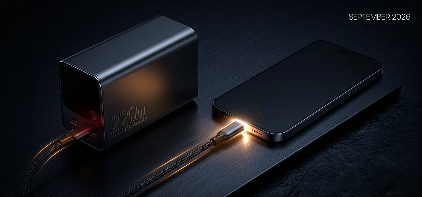 Gearix 220W GaN fast charger connected to an iPhone via glowing USB-C cable on a dark surface — ready for iPhone 18's 40–45W fast charging in September 2026