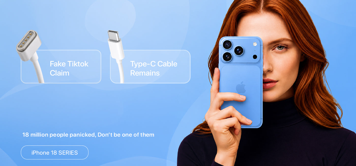 iPhone 18 charging port myth vs reality — fake TikTok MacBook MagSafe connector claim debunked next to real USB-C Type-C cable that stays on iPhone 18