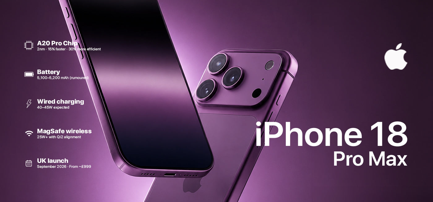 iPhone 18 Pro Max rumoured specs infographic — A20 Pro chip 2nm, 5,100–5,200 mAh battery, 40–45W wired charging, 25W MagSafe wireless, UK launch September 2026 from £999