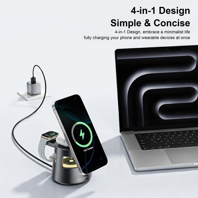 Gearix 4-in-1 Magnetic Wireless Charging Station – 15W Fast Charging Stand for iPhone, Apple Watch & AirPods