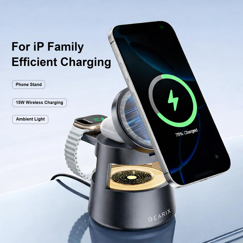 Gearix 4-in-1 Magnetic Wireless Charging Station – 15W Fast Charging Stand for iPhone, Apple Watch & AirPods