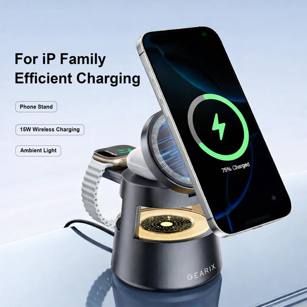 Gearix 4-in-1 Magnetic Wireless Charging Station – 15W Fast Charging Stand for iPhone, Apple Watch & AirPods
