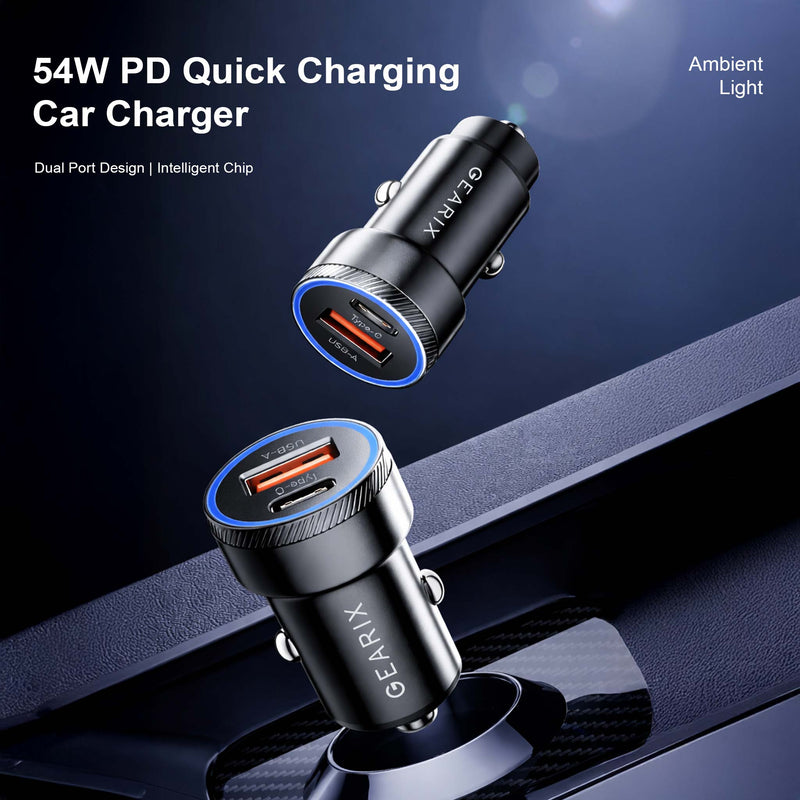 Gearix 54W PD Quick Charging Car Charger – Dual Port USB-C & USB-A Fast Car Adapter 12V-24V