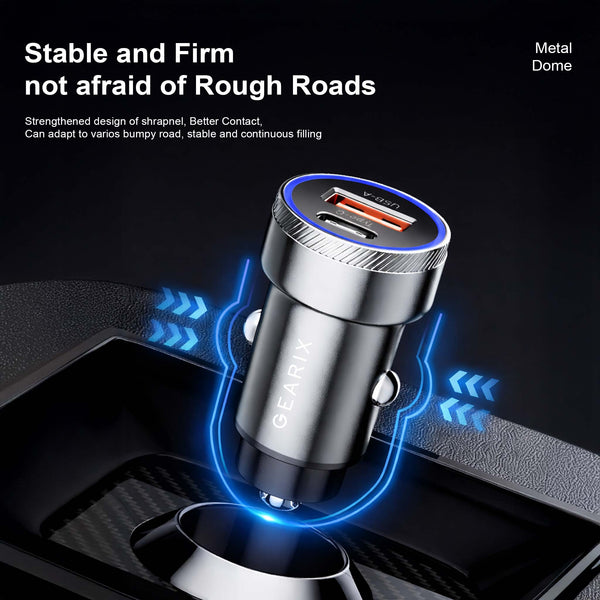 Gearix 54W PD Quick Charging Car Charger – Dual Port USB-C & USB-A Fast Car Adapter 12V-24V