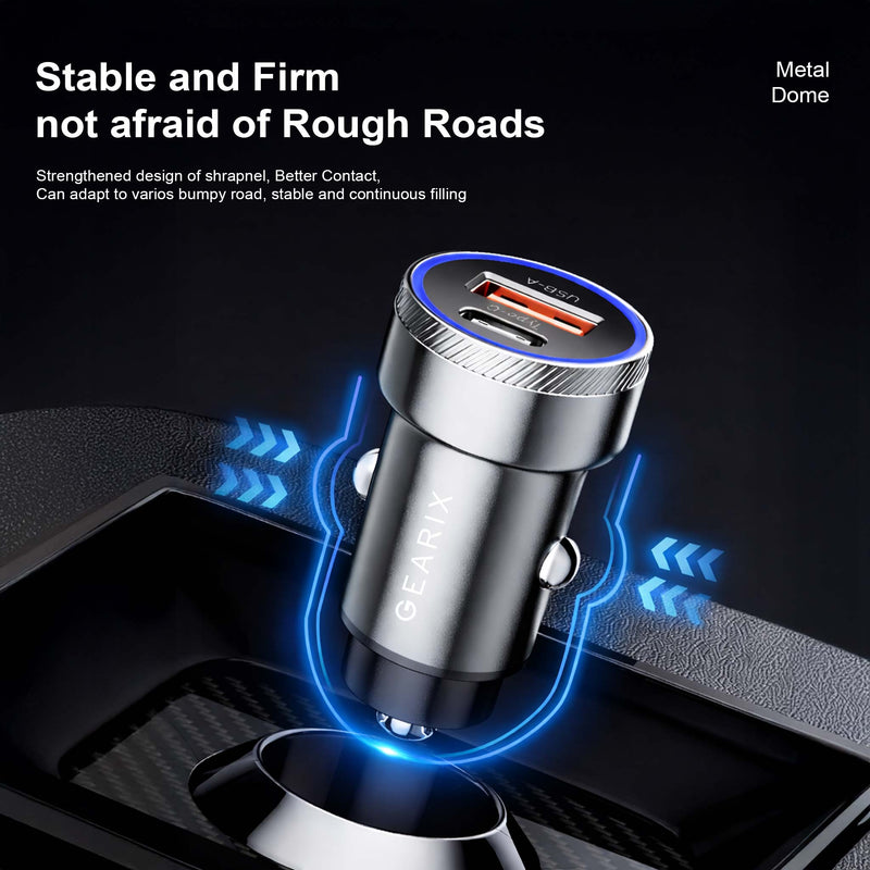 Gearix 54W PD Quick Charging Car Charger – Dual Port USB-C & USB-A Fast Car Adapter 12V-24V