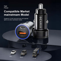 Gearix 54W PD Quick Charging Car Charger – Dual Port USB-C & USB-A Fast Car Adapter 12V-24V