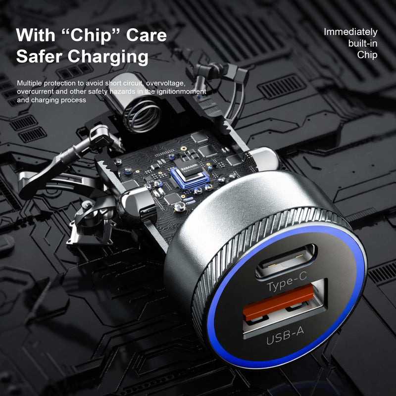 Gearix 54W PD Quick Charging Car Charger – Dual Port USB-C & USB-A Fast Car Adapter 12V-24V