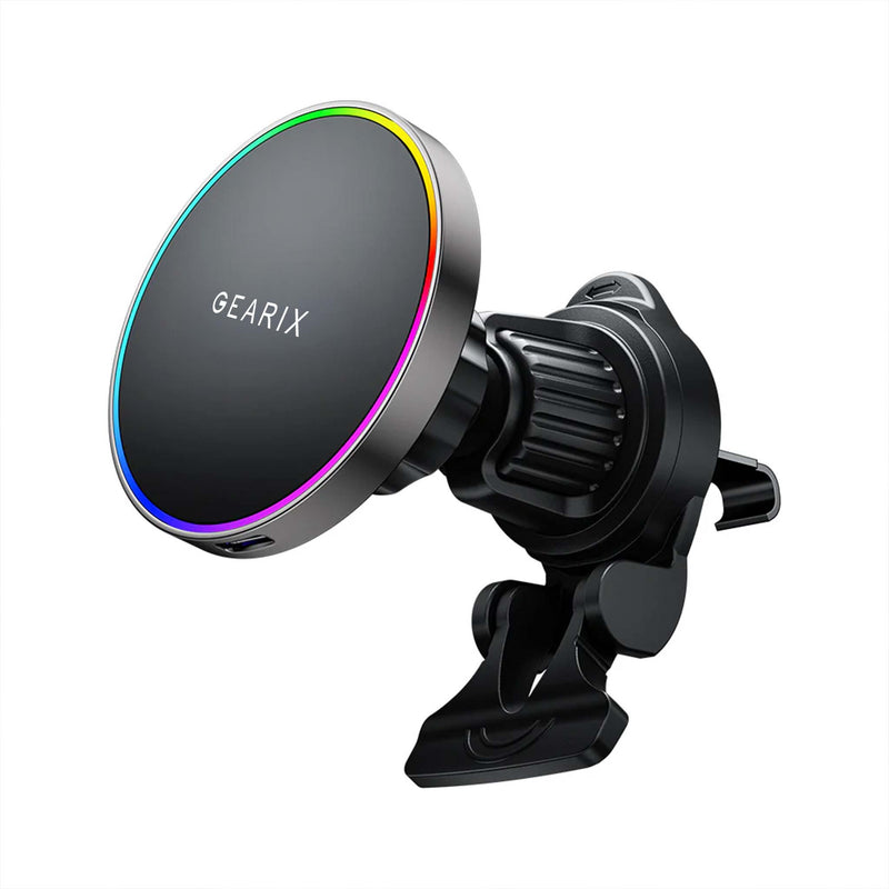 Gearix 15W Magnetic Wireless Car Charger Mount – RGB LED Fast Charging Phone Holder with 360° Rotation