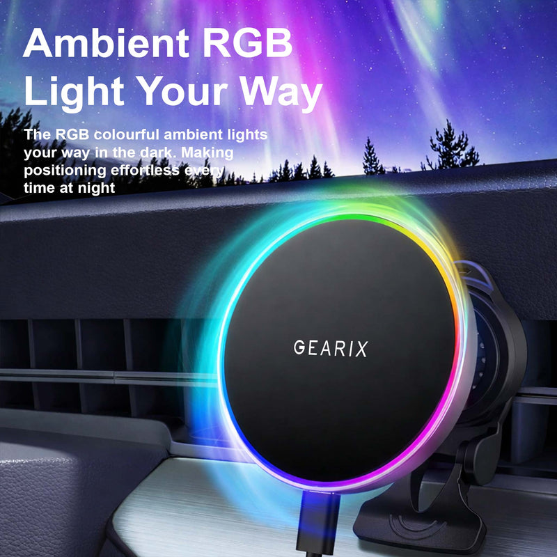 Gearix 15W Magnetic Wireless Car Charger Mount – RGB LED Fast Charging Phone Holder with 360° Rotation