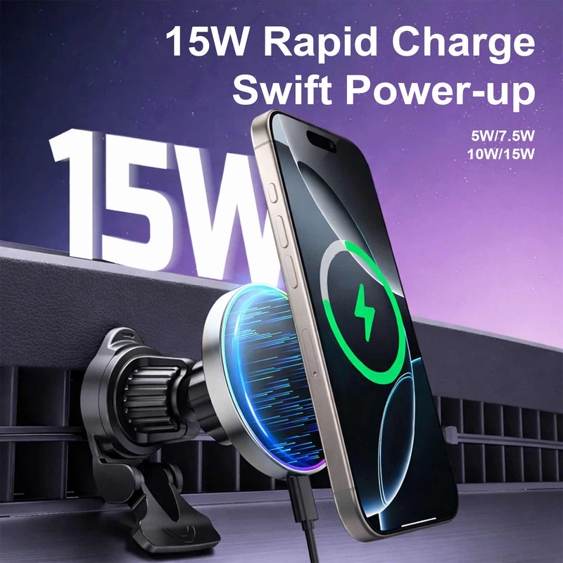 Gearix 15W Magnetic Wireless Car Charger Mount – RGB LED Fast Charging Phone Holder with 360° Rotation