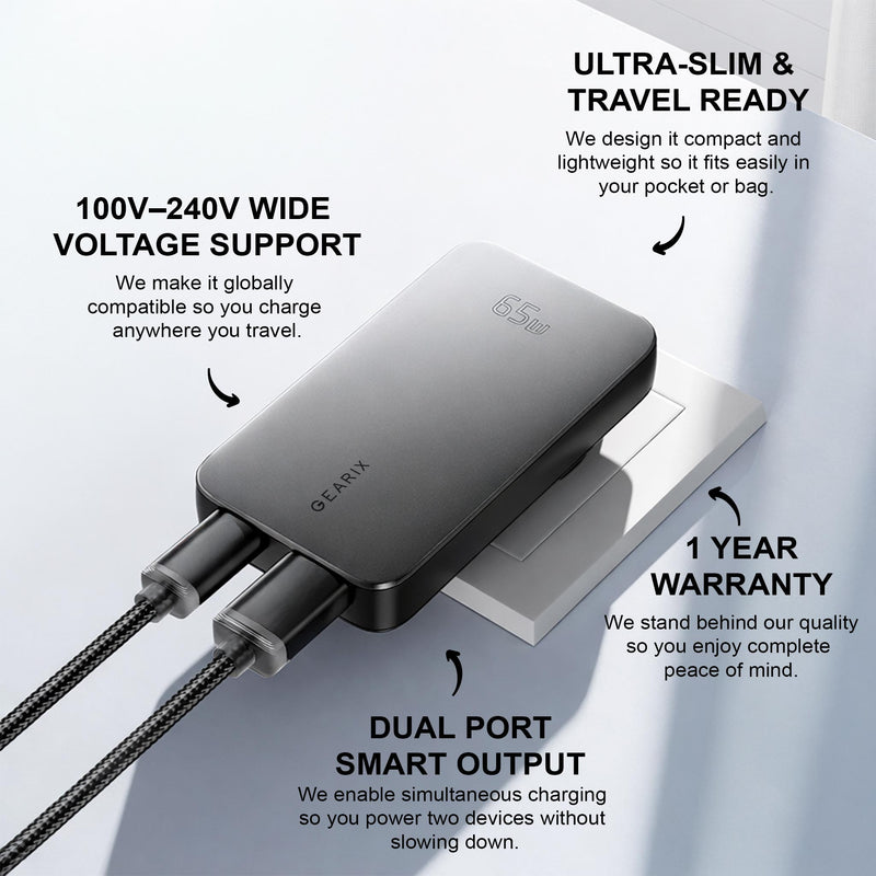 Gearix 65W Dual Port GaN Fast Charger – USB-C & USB-A Power Delivery Wall Charger UK