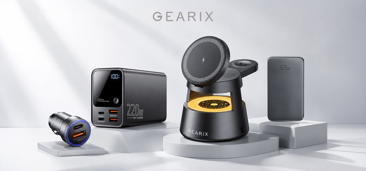 Gearix iPhone 18 charging setup UK — 220W power bank, MagSafe wireless charging station, car charger, and 65W GaN fast charger for September 2026