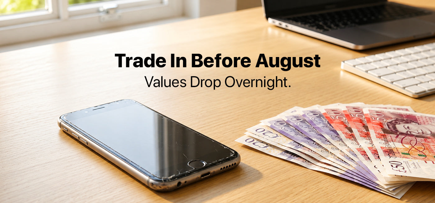 Old iPhone with cracked screen next to fanned UK pound notes — trade in your iPhone before August 2026 before values drop after iPhone 18 announcement